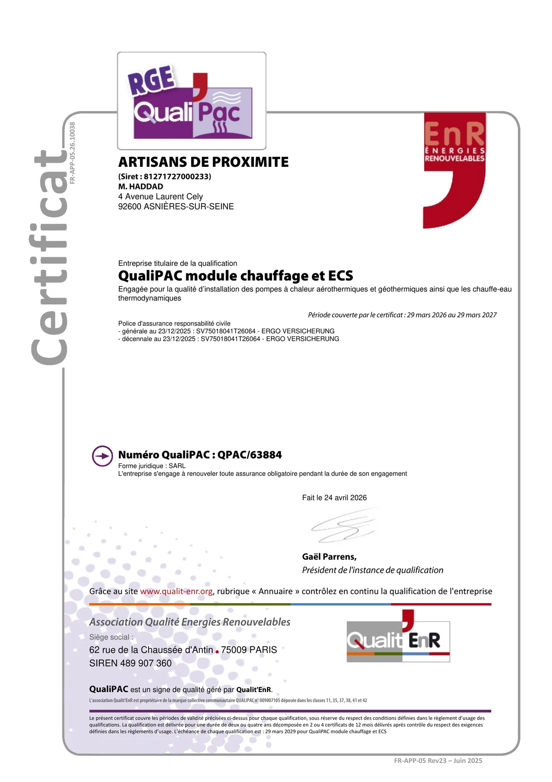 Certificat RGE QualiPAC module chauffage et ECS délivré à Artisans de Proximité par Qualit'EnR, numéro QPAC/63884, période couverte du 29 mars 2026 au 29 mars 2027