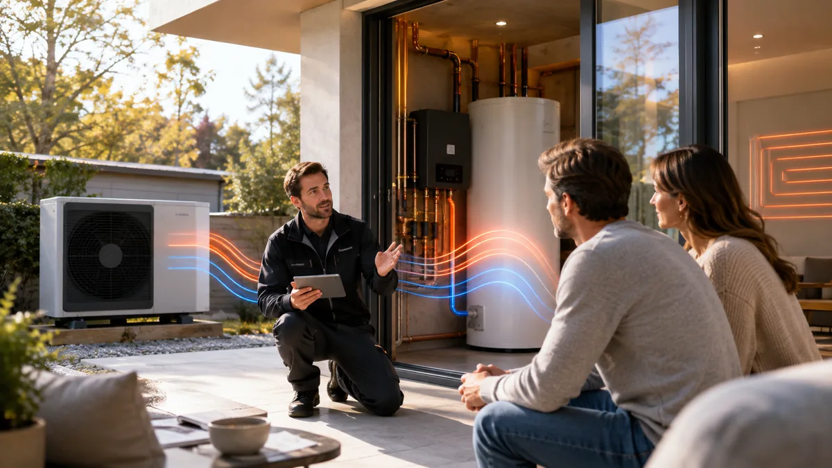 Installateur expliquant à un couple le fonctionnement d'une pompe à chaleur air/eau : captation de l'air par l'unité extérieure, transfert vers le module intérieur et le ballon, puis diffusion dans le circuit de chauffage